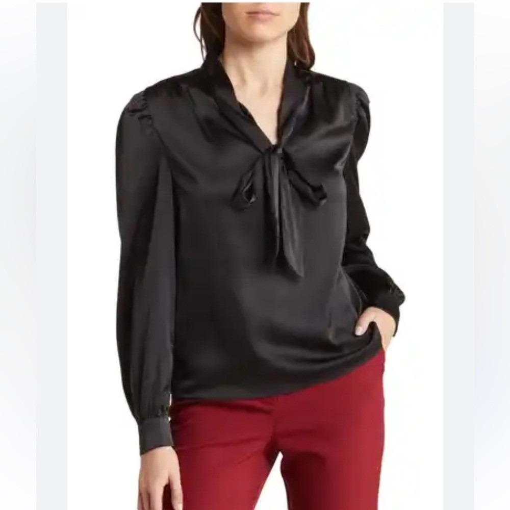 Walter Baker Black Satin‎ Tie Neck Blouse NWT Small